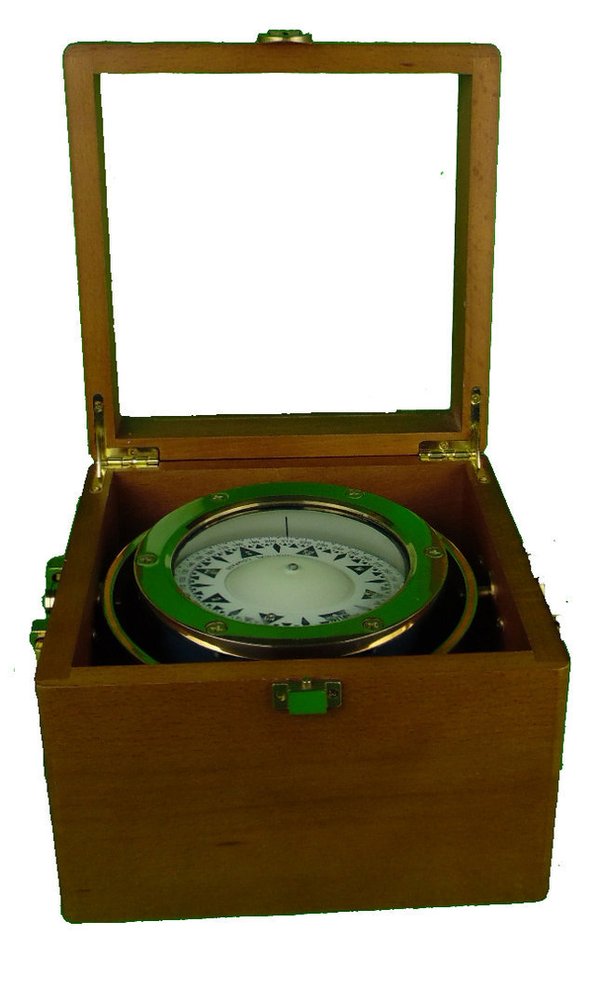 Kompass in edler Ausführung mit Holzbox / Sichtfenster / Teakholzkasten