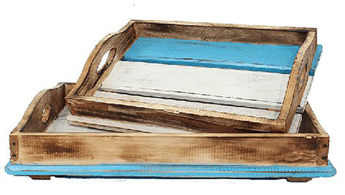 2er martimes Deko-Tablett Set ┼ Shabby Optik ┼ Natur-blau-beige