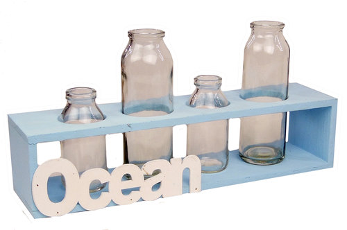 4er Vase Deko türkis Ocean mit 4 Gläsern Holz/Glas