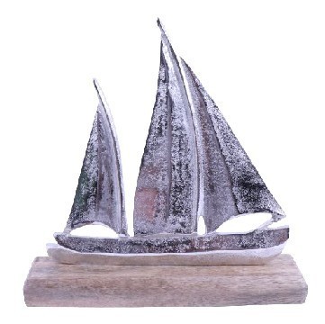 Boot auf Mangoholzbasis ┼ 18x14cm ┼ Holz und Metall (silberfarbend)