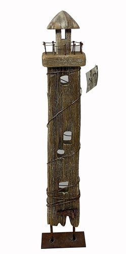 Holz-Leuchtturm in braun in Shabby Look auf Metallständer
