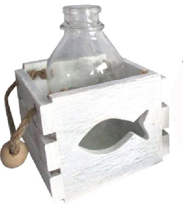 Holzbox mit Glas-Flasche in Beachoptik und Jutebändern weiss