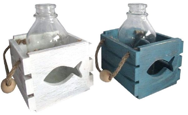 Holzbox mit Glas-Flasche in Beachoptik und Jutebändern blau
