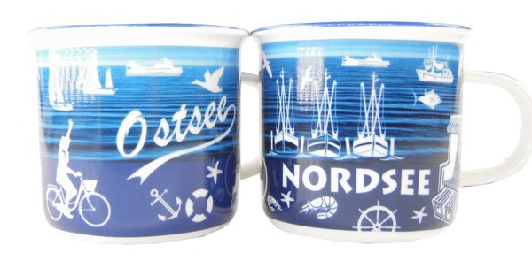 Kaffeebecher Weiss/blau mit maritimen Muster ┼ Ostesse ┼ Nordsee