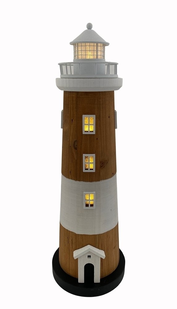 LED Holz Leuchtturm braun/weiss 46cm Höhe